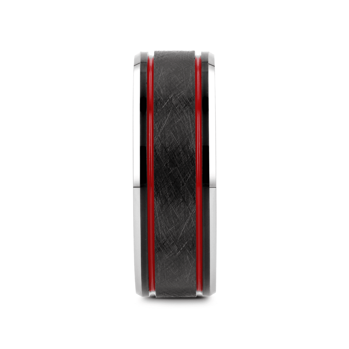 OLIS | Black Tungsten Ring, Double Red Stripe, Wire Finish - side view