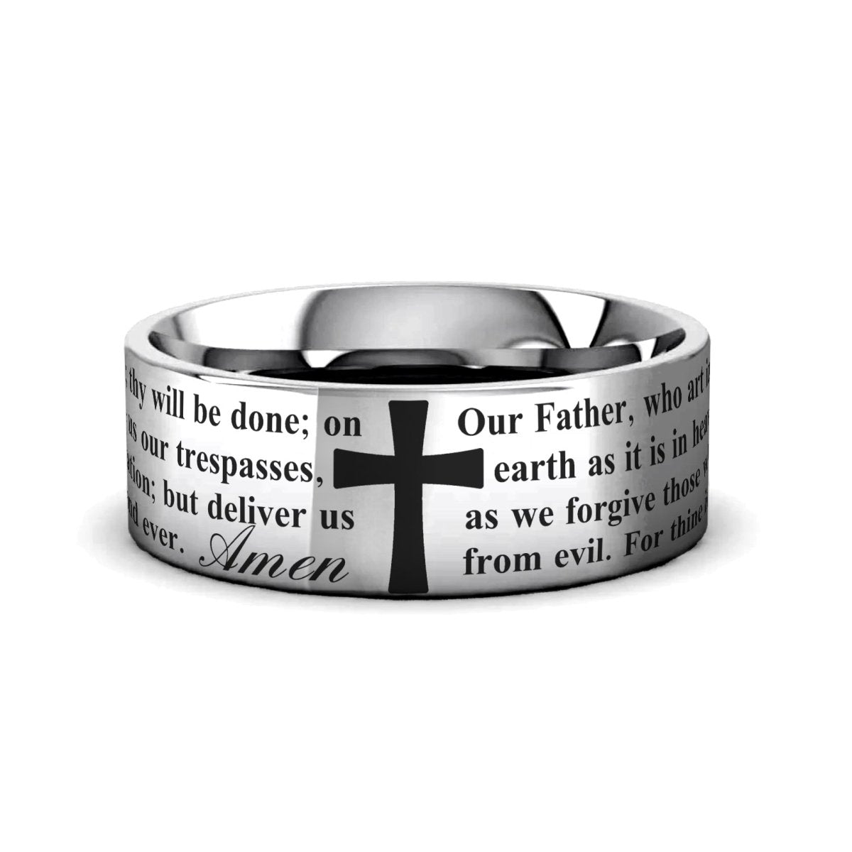 ORATE silver tungsten ring with Lord's Prayer text laser-engraved around the band – Aydins Jewelry