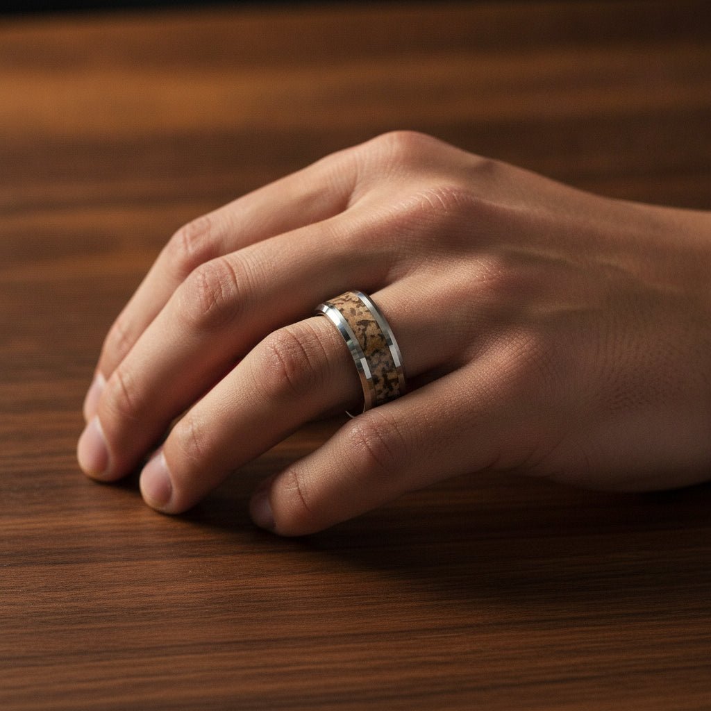ORDOVICIAN silver tungsten carbide ring with brown dinosaur bone inlay running around the band and polished beveled edges worn on man's hand resting on walnut wood, lifestyle photo