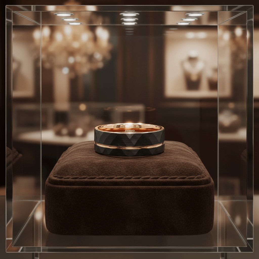 ORLANDO — Premium boutique display on velvet — men's tungsten wedding ring.
