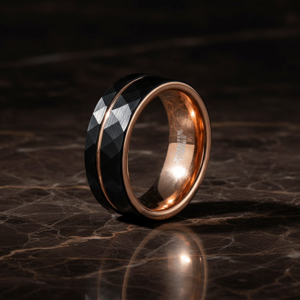 ORLANDO — Luxury 3/4 angle on dark marble — men's tungsten wedding ring.