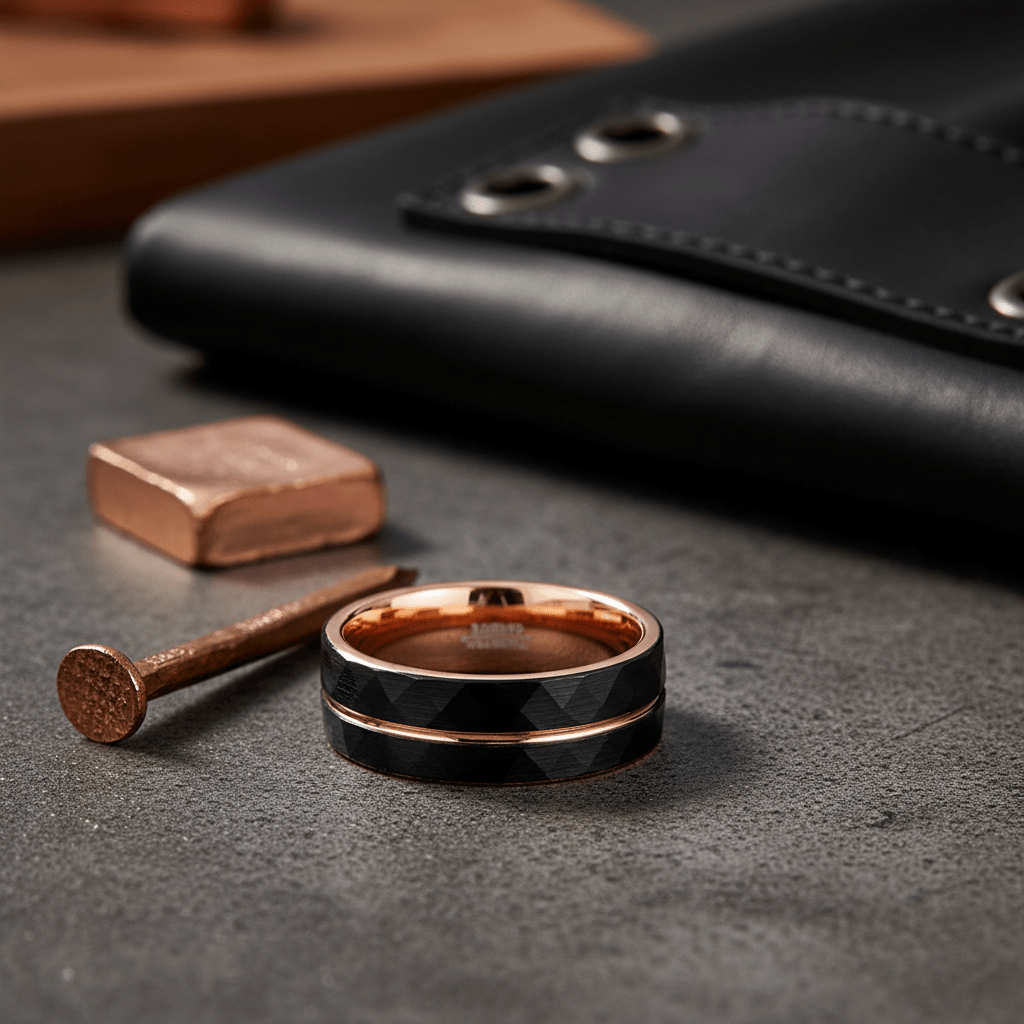 ORLANDO — Editorial masculine still life — men's tungsten wedding ring.
