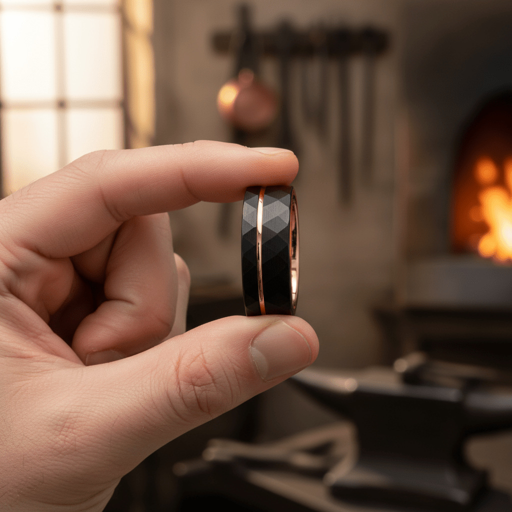 ORLANDO — Held between fingers close-up — men's tungsten wedding ring.