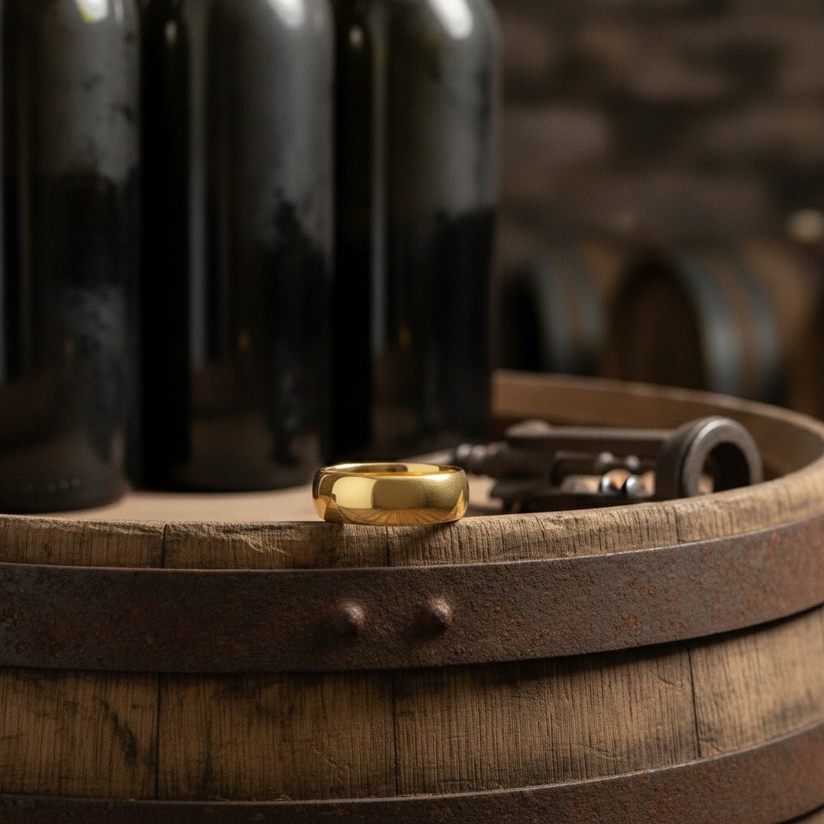 Aydins ORO | Gold Tungsten Ring, High Polished, Domed lifestyle scene, wine cellar oak