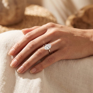 Oval lab-grown diamond solitaire engagement ring, White Gold, lifestyle photograph