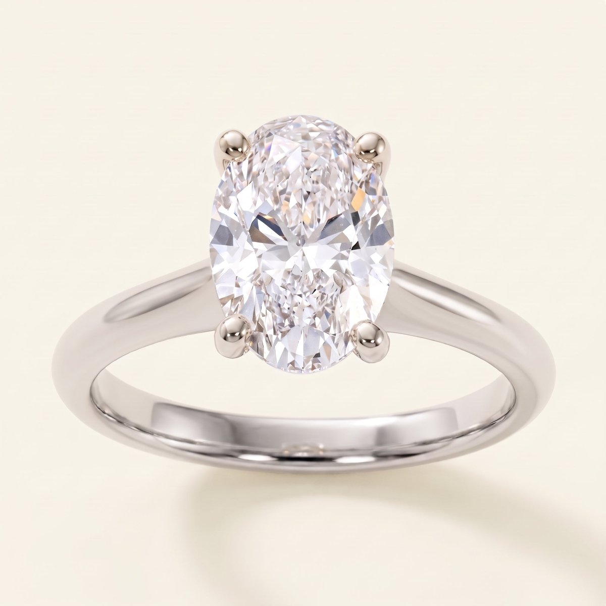 Oval lab-grown diamond solitaire engagement ring, White Gold, face-on detail macro