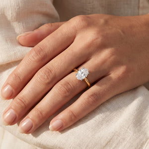 CAMILLE oval lab-grown diamond ring in 10K two-tone gold, worn on the hand, approx. 1 ct center