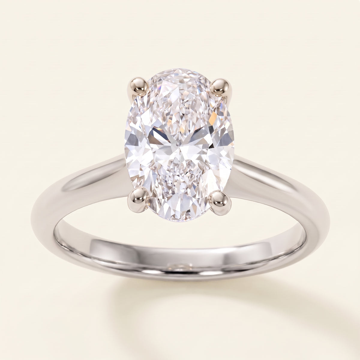 Oval lab-grown diamond solitaire engagement ring, White Gold, face-on detail macro