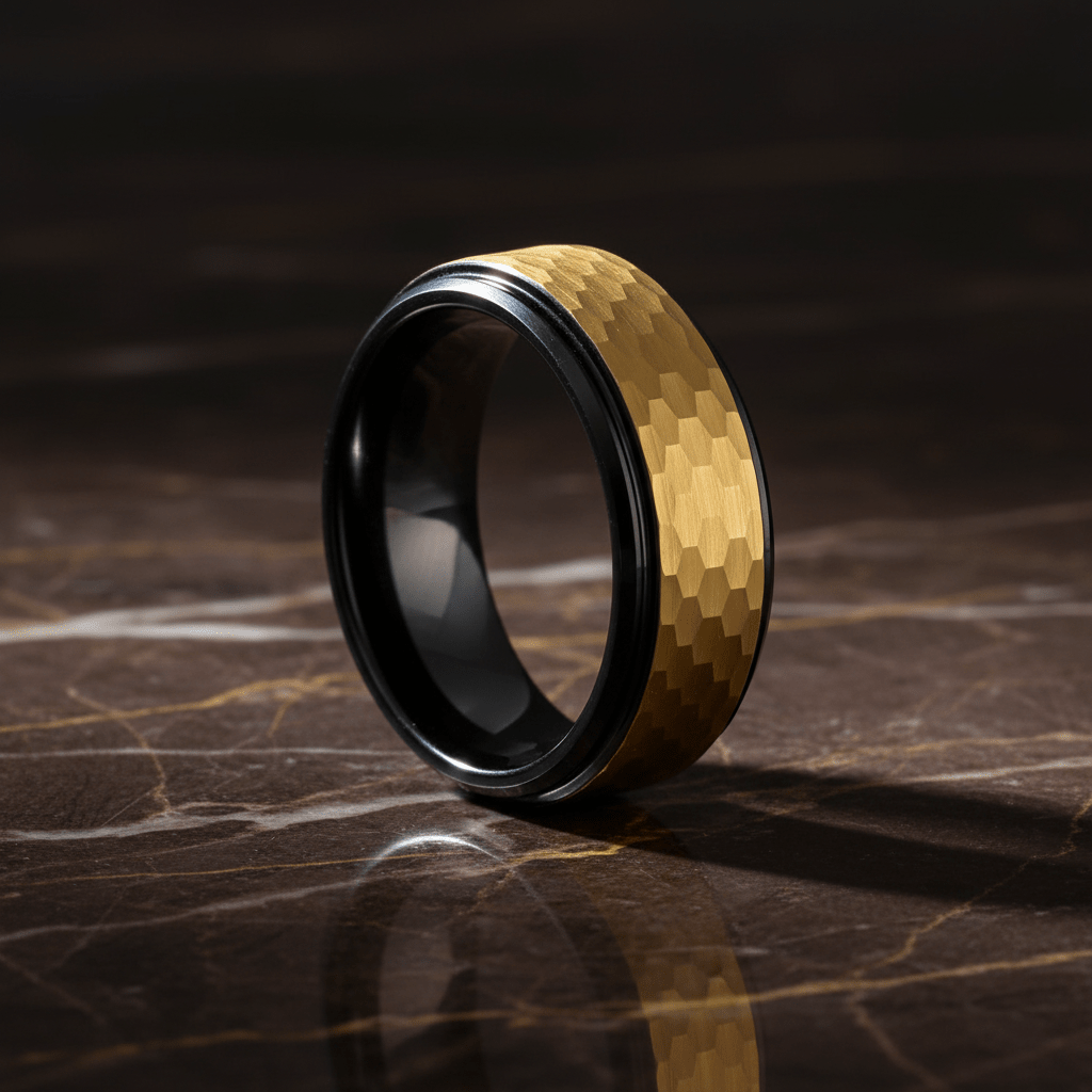 OZAK — Luxury 3/4 angle on dark marble — men's tungsten wedding ring.