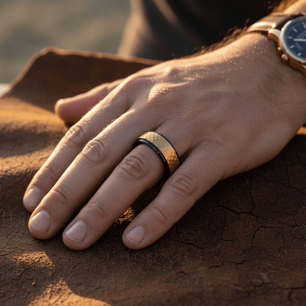 OZAK — Lifestyle photo on hand — men's tungsten wedding ring.