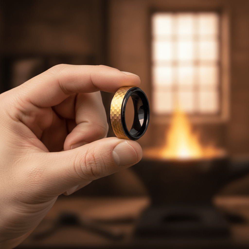 OZAK — Held between fingers close-up — men's tungsten wedding ring.