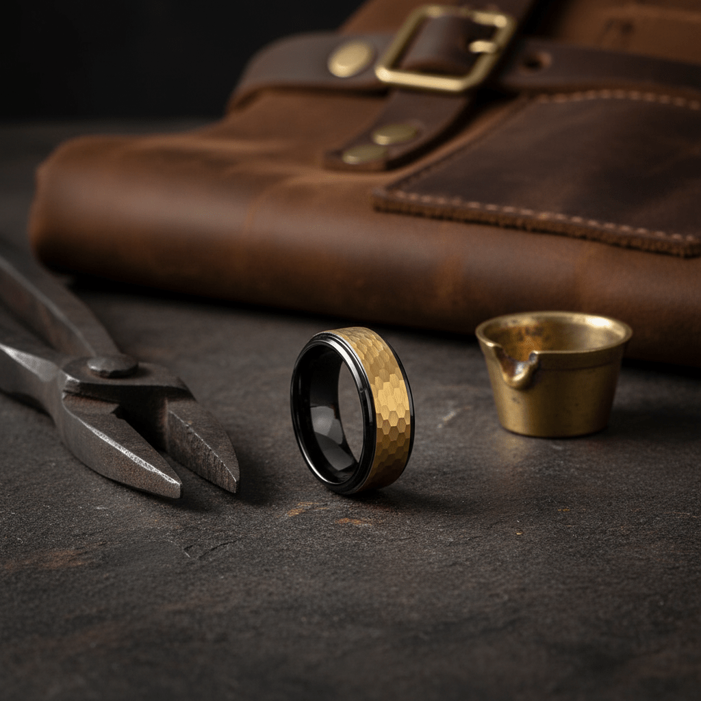 OZAK — Editorial masculine still life — men's tungsten wedding ring.