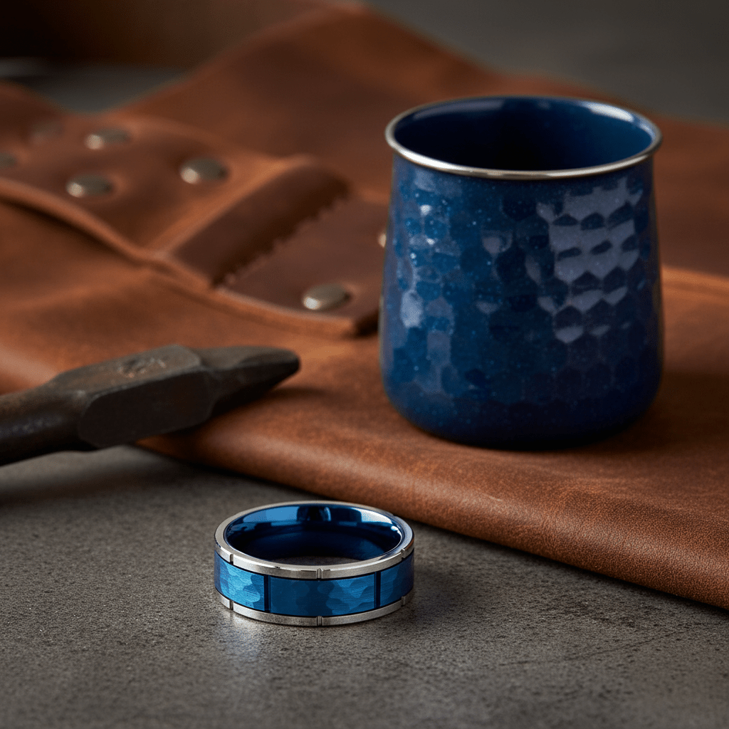 PACHUTA — Editorial masculine still life — men's tungsten wedding ring.