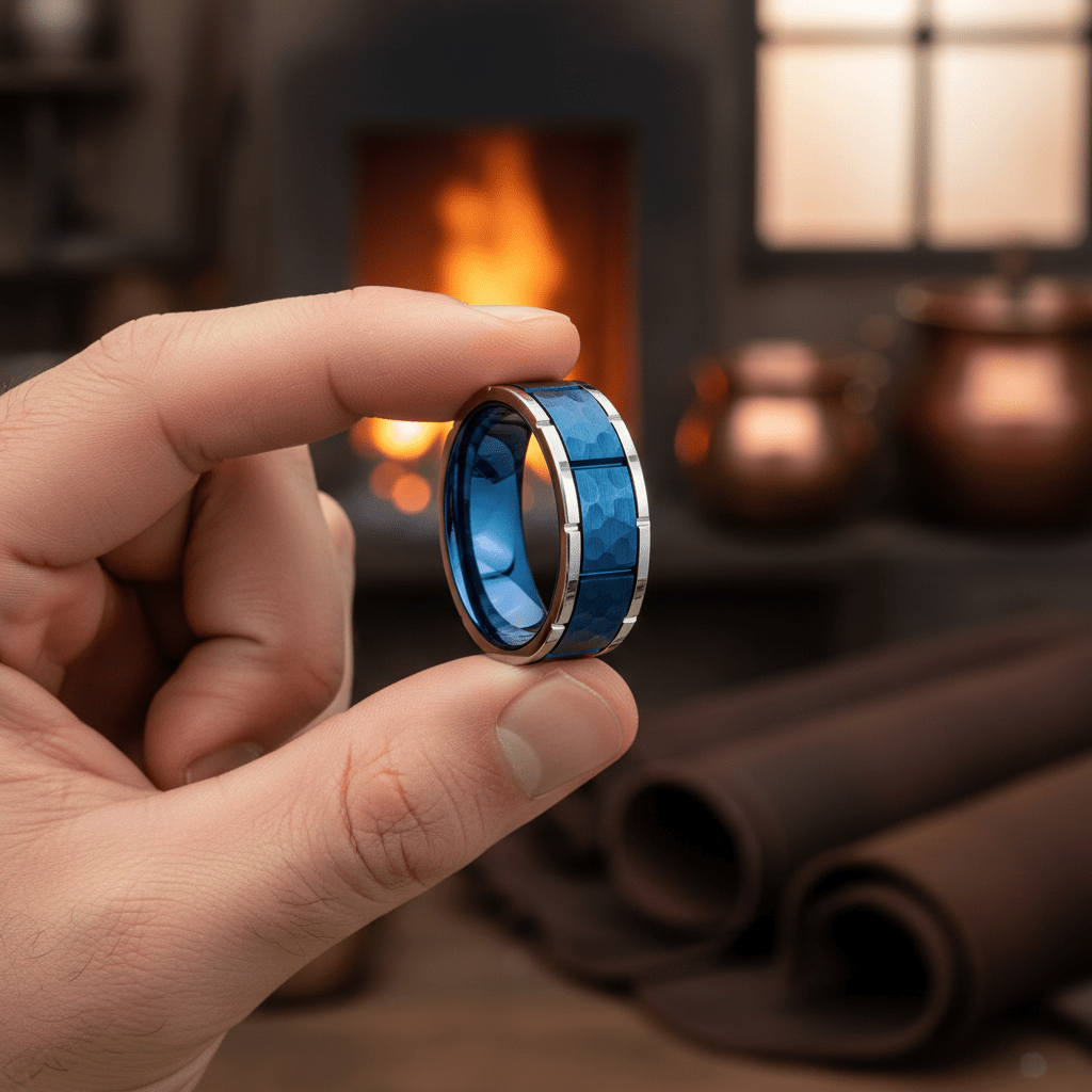 PACHUTA — Held between fingers close-up — men's tungsten wedding ring.
