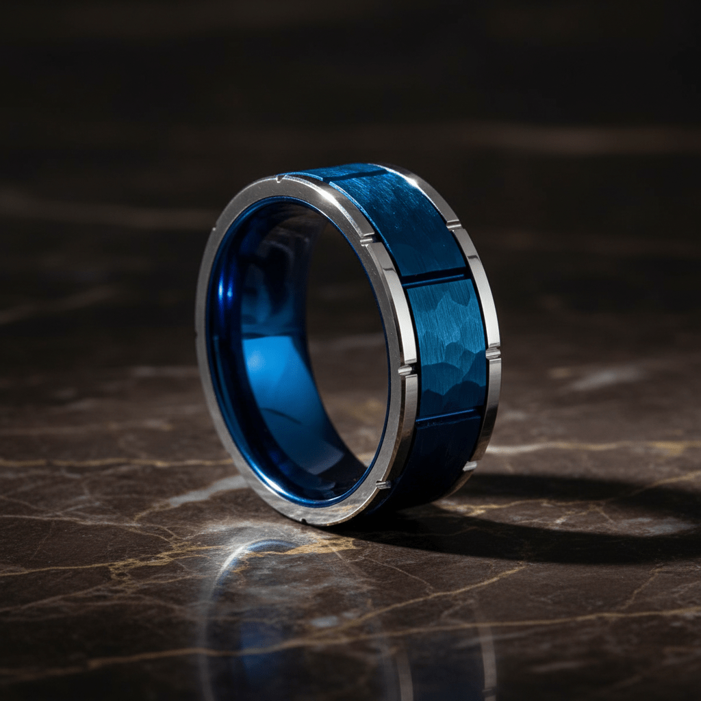 PACHUTA — Luxury 3/4 angle on dark marble — men's tungsten wedding ring.