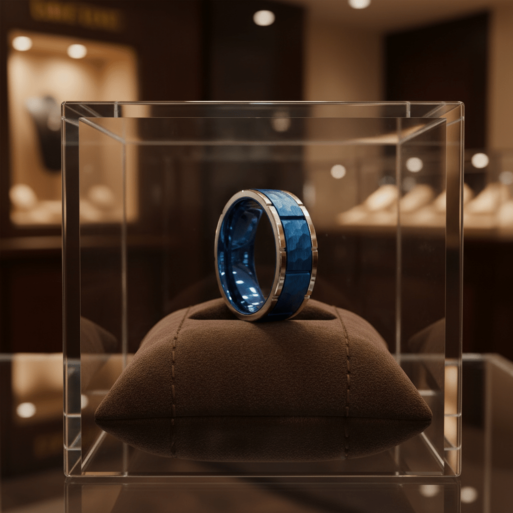 PACHUTA — Premium boutique display on velvet — men's tungsten wedding ring.