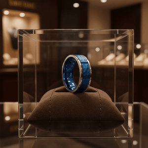 PACHUTA — Premium boutique display on velvet — men's tungsten wedding ring.