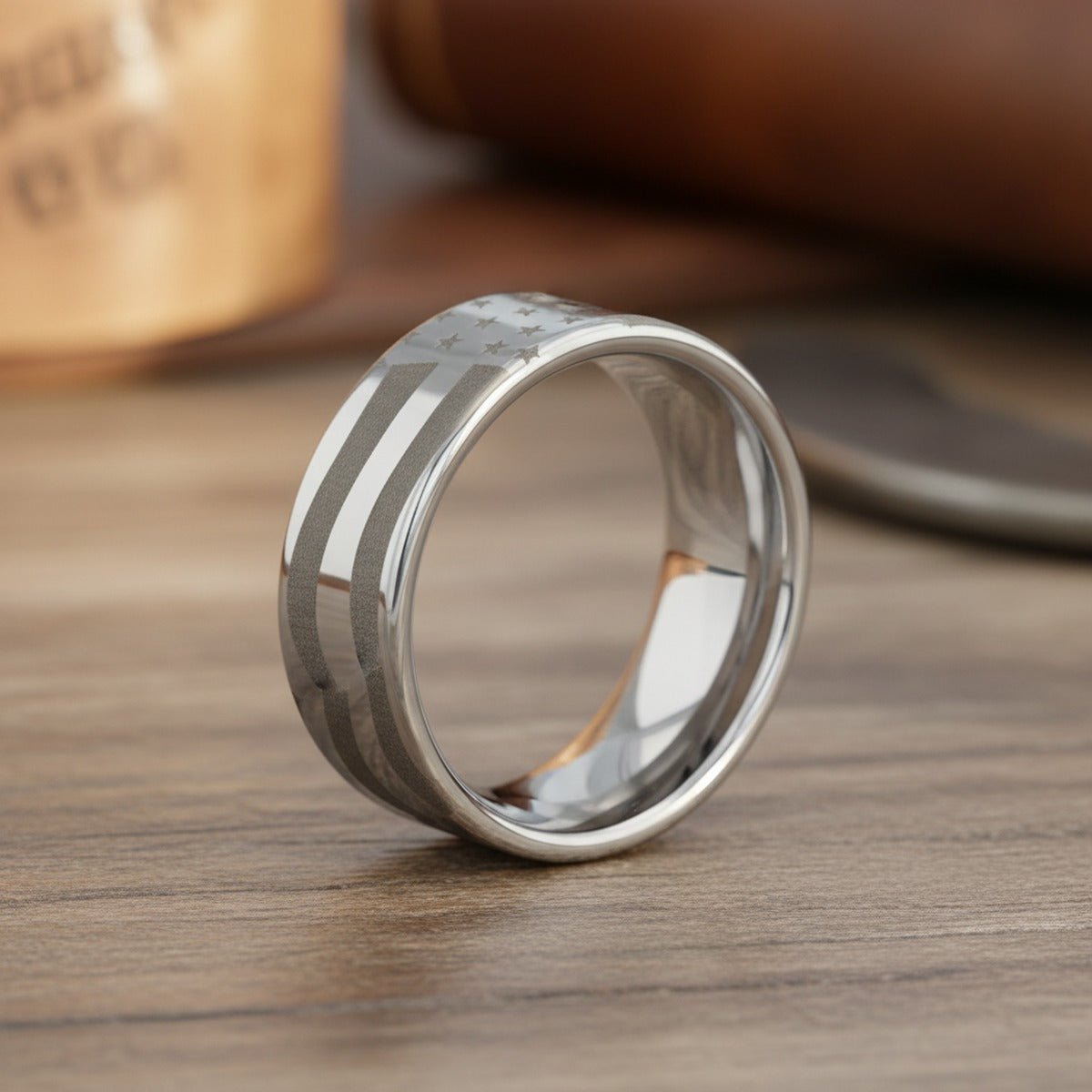 PATRIOT polished tungsten carbide ring, scene lifestyle
