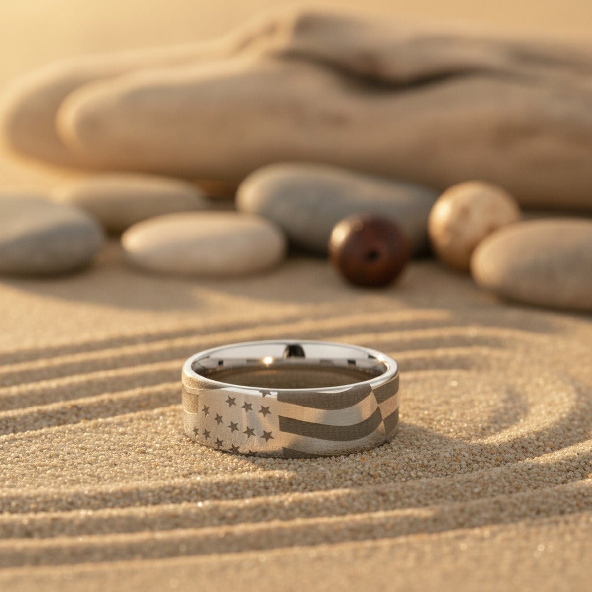 Aydins PATRIOT | U.S. Flag Engraved Tungsten Ring, Flat Pipe Cut lifestyle scene, beach zen