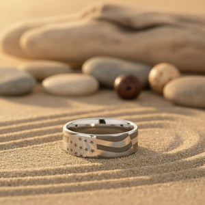 Aydins PATRIOT | U.S. Flag Engraved Tungsten Ring, Flat Pipe Cut lifestyle scene, beach zen