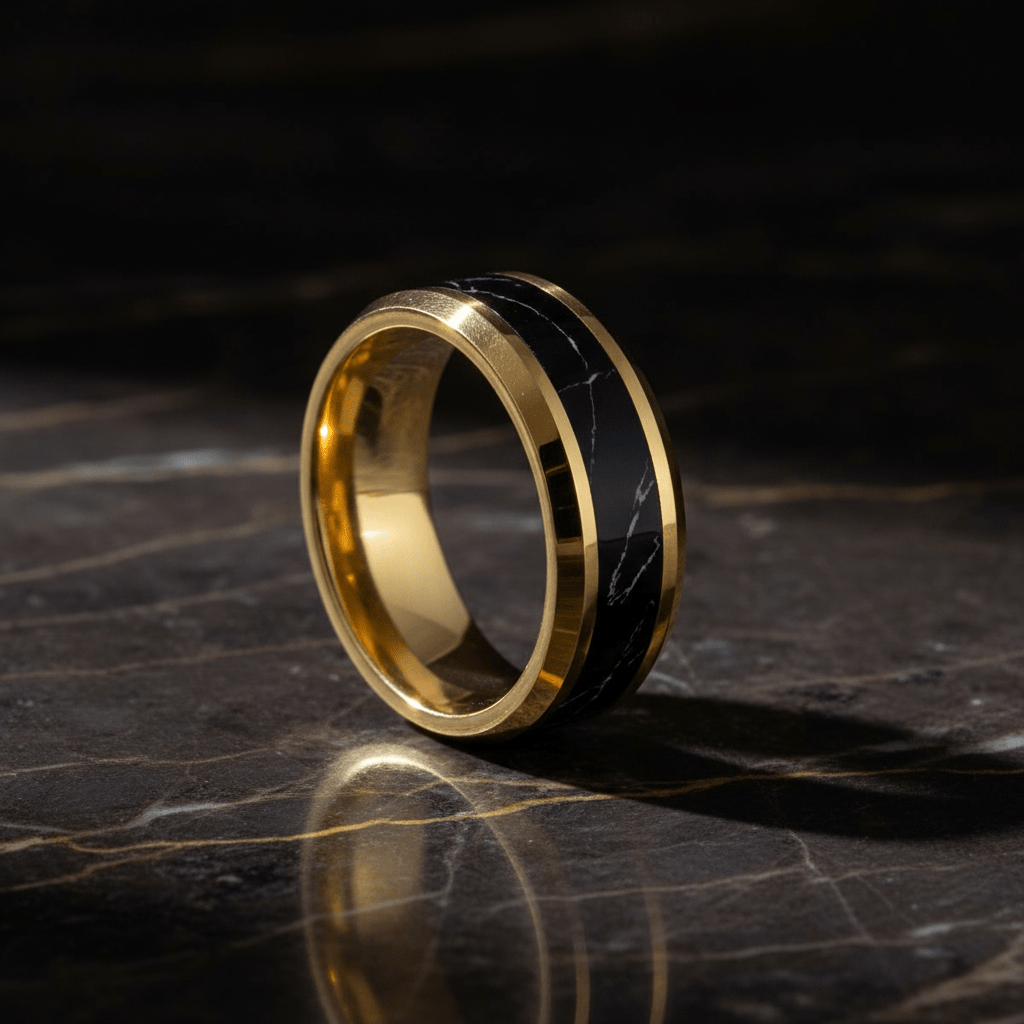 PAVO — Luxury 3/4 angle on dark marble — men's tungsten wedding ring.