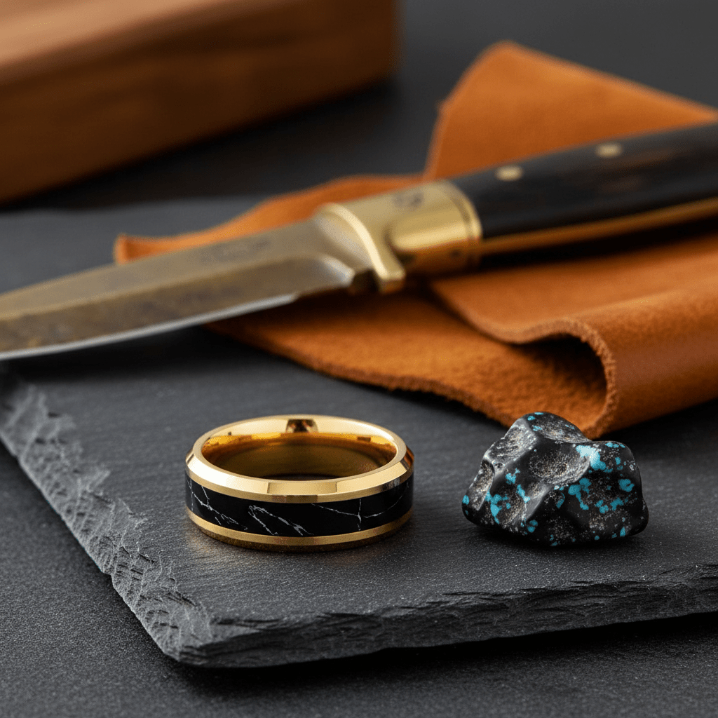 PAVO — Editorial masculine still life — men's tungsten wedding ring.