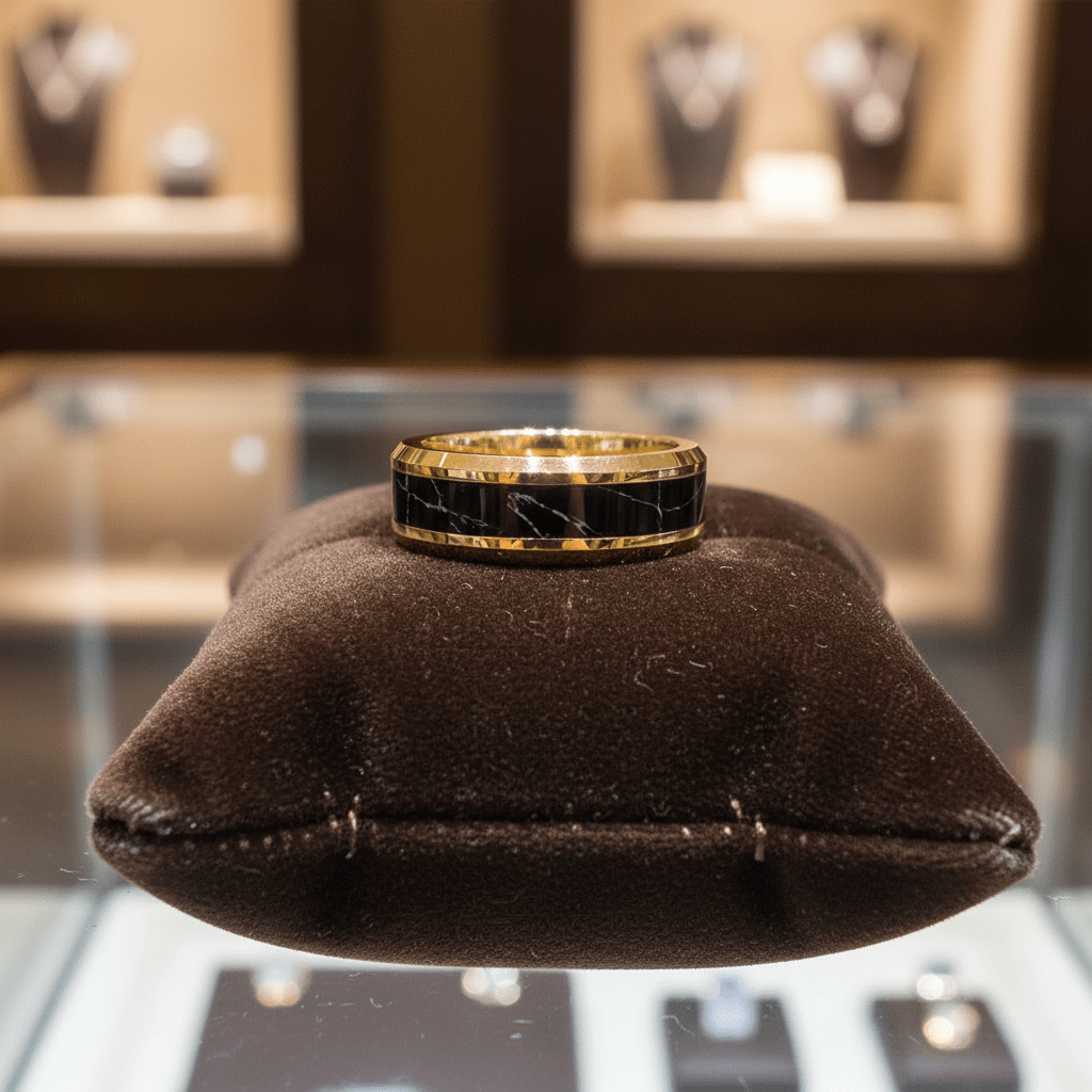 PAVO — Premium boutique display on velvet — men's tungsten wedding ring.
