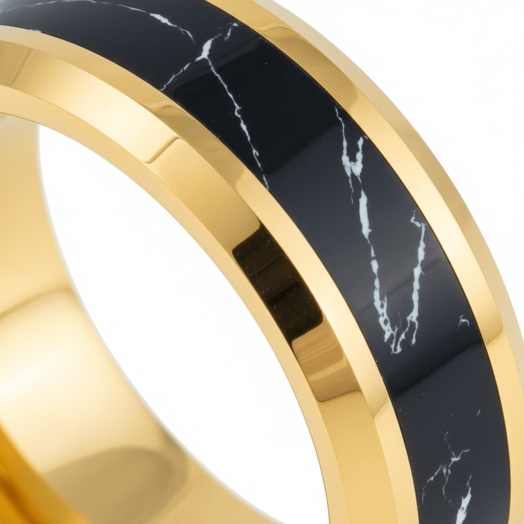 PAVO — Extreme macro detail — men's tungsten wedding ring.
