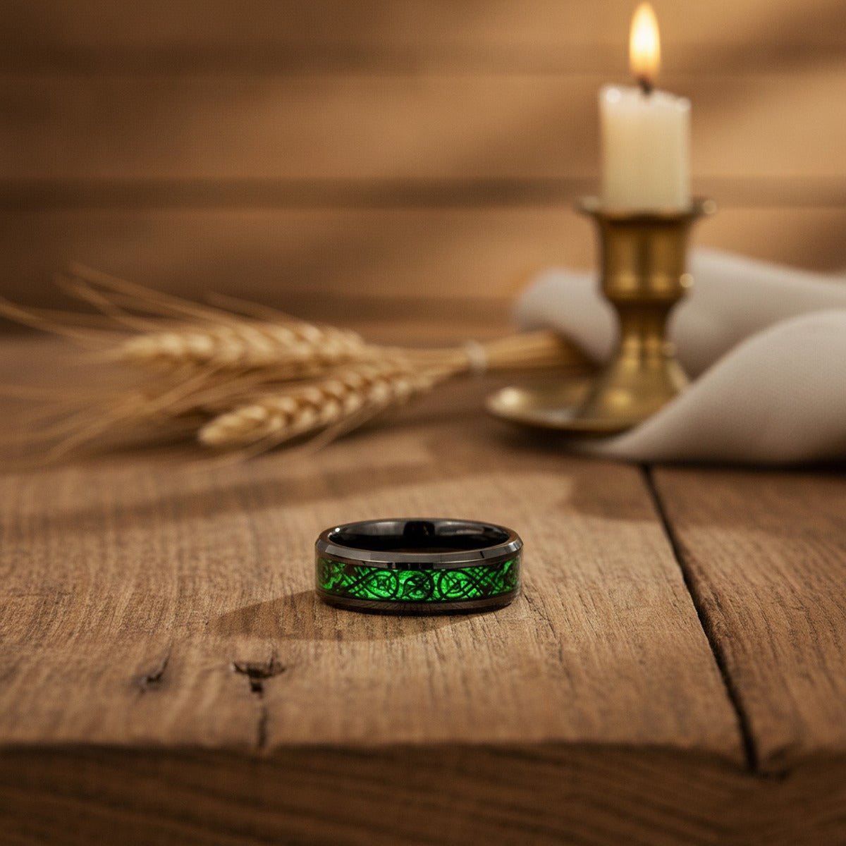 Aydins PEACHLAND | Black Tungsten Ring Green Celtic Dragon Inlay lifestyle scene, thanksgiving oak