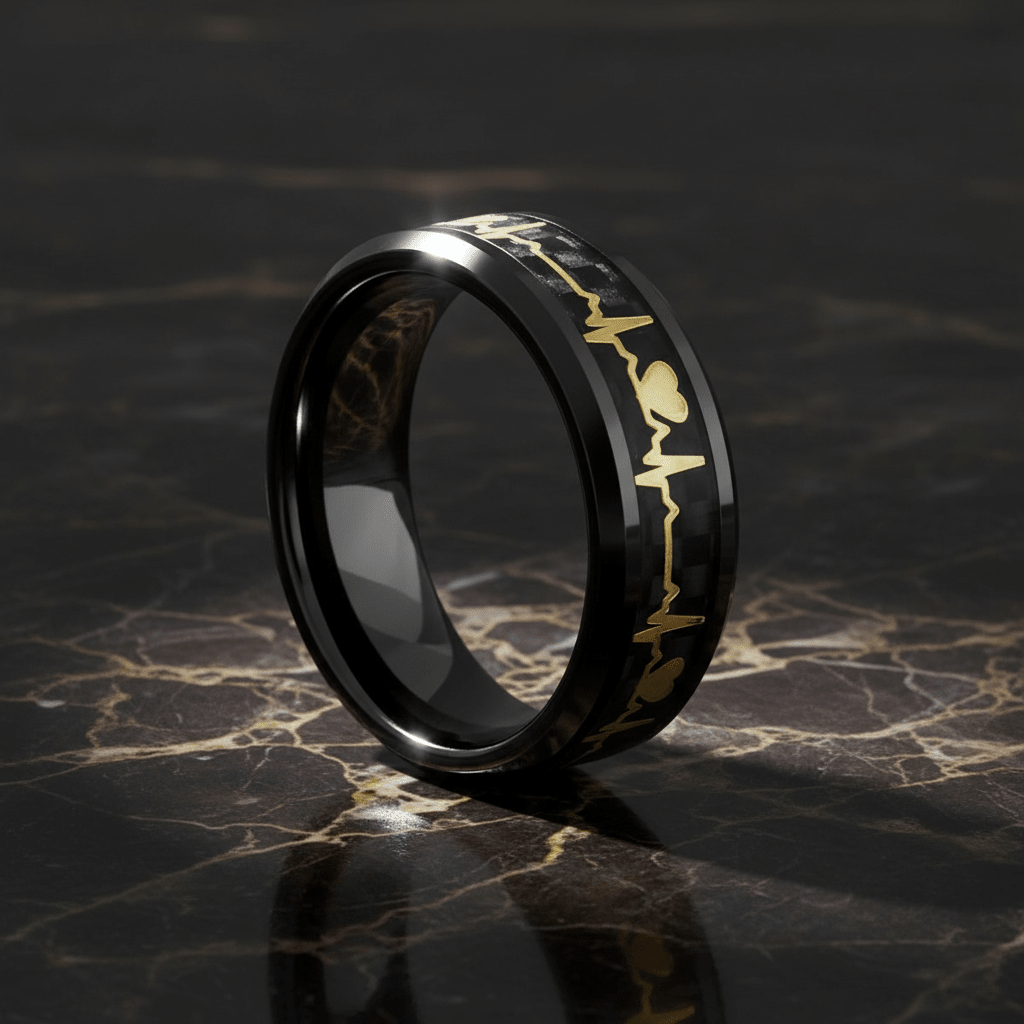 PEAPACK — Luxury 3/4 angle on dark marble — men's tungsten wedding ring.