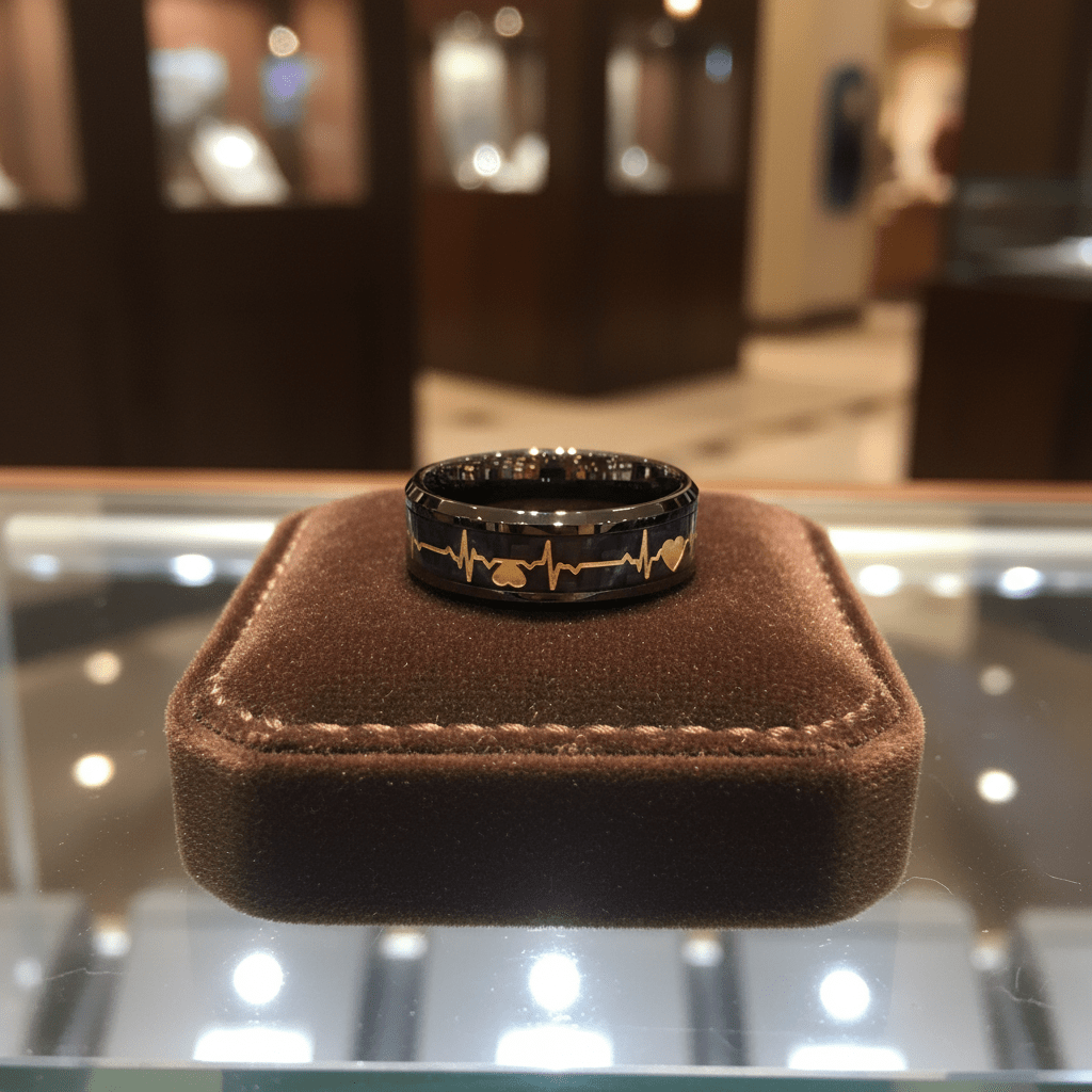PEAPACK — Premium boutique display on velvet — men's tungsten wedding ring.