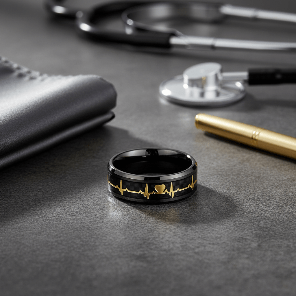 PEAPACK — Editorial masculine still life — men's tungsten wedding ring.