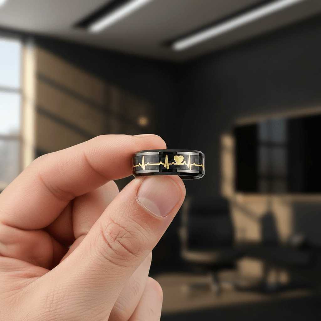 PEAPACK — Held between fingers close-up — men's tungsten wedding ring.