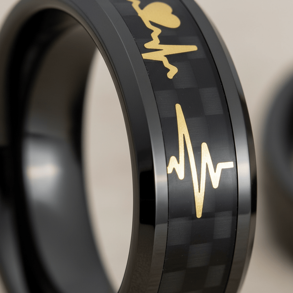 PEAPACK — Extreme macro detail — men's tungsten wedding ring.