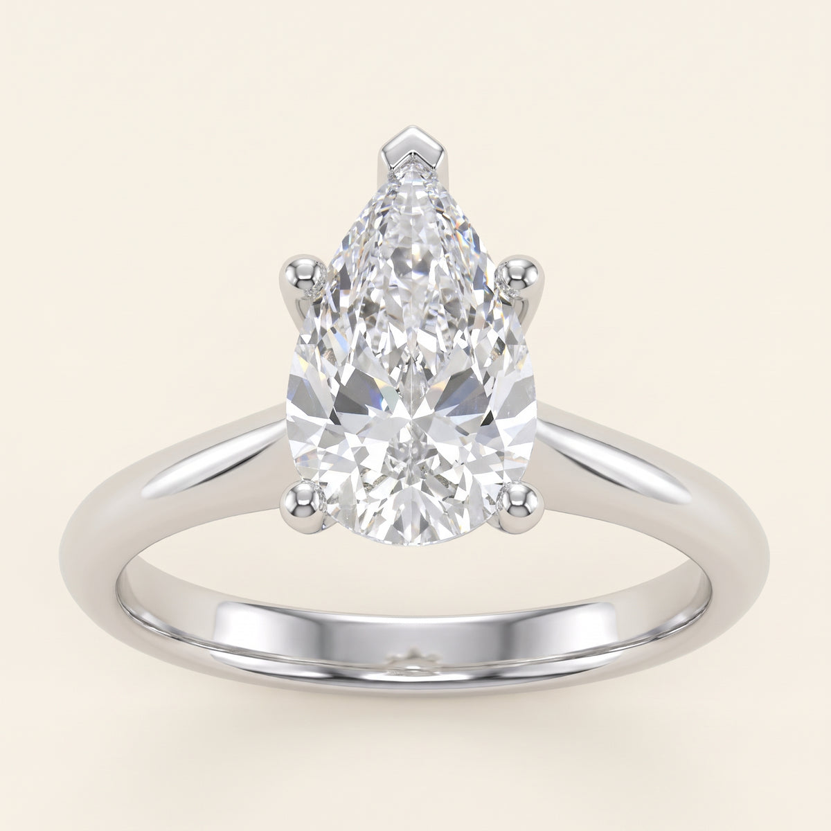 Pear lab-grown diamond solitaire engagement ring, 925 Sterling Silver, face-on detail macro