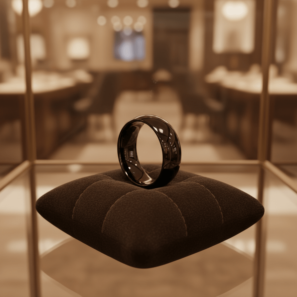 PEPPER — Premium boutique display on velvet — men's tungsten wedding ring.