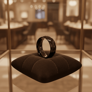 PEPPER — Premium boutique display on velvet — men's tungsten wedding ring.