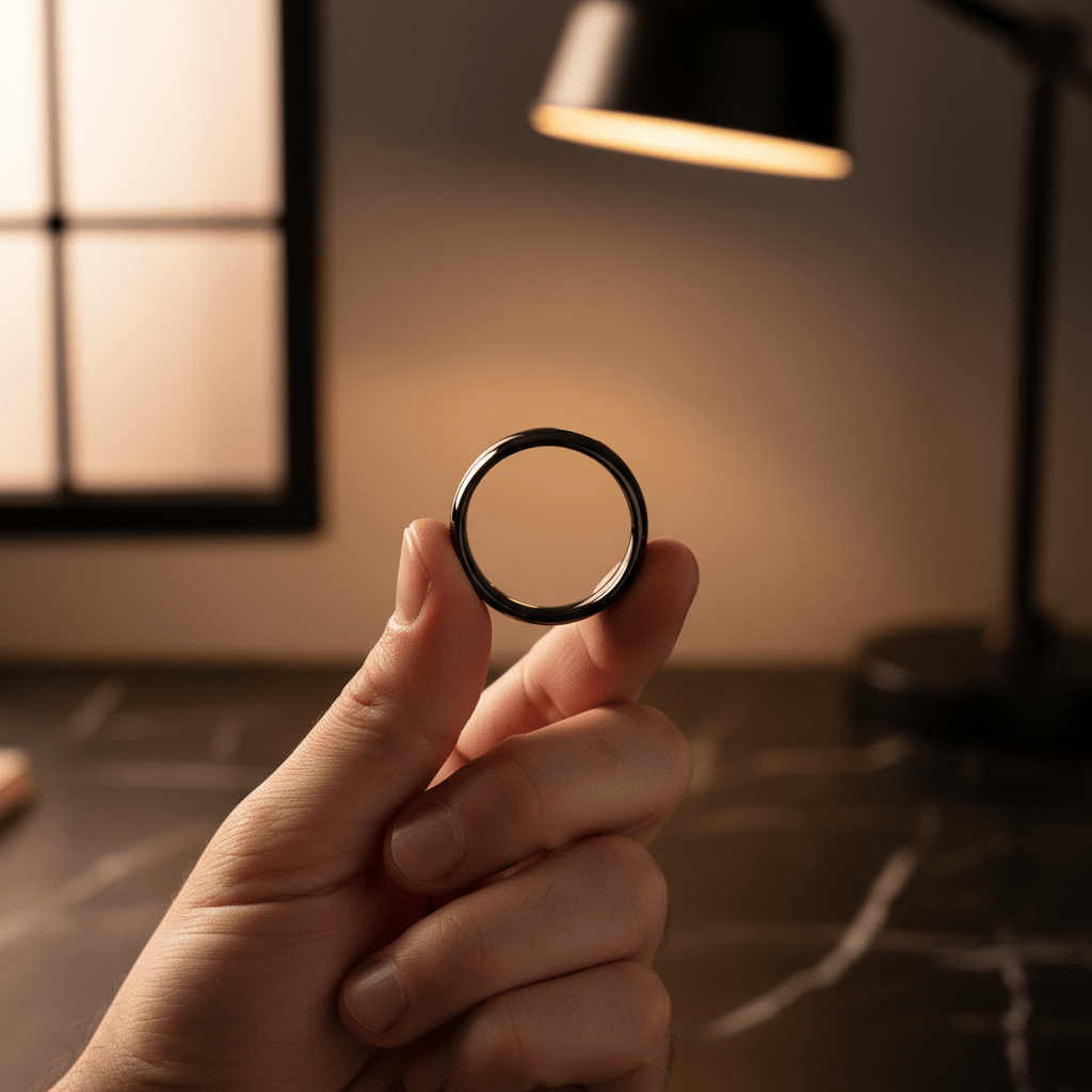 PEPPER — Held between fingers close-up — men's tungsten wedding ring.