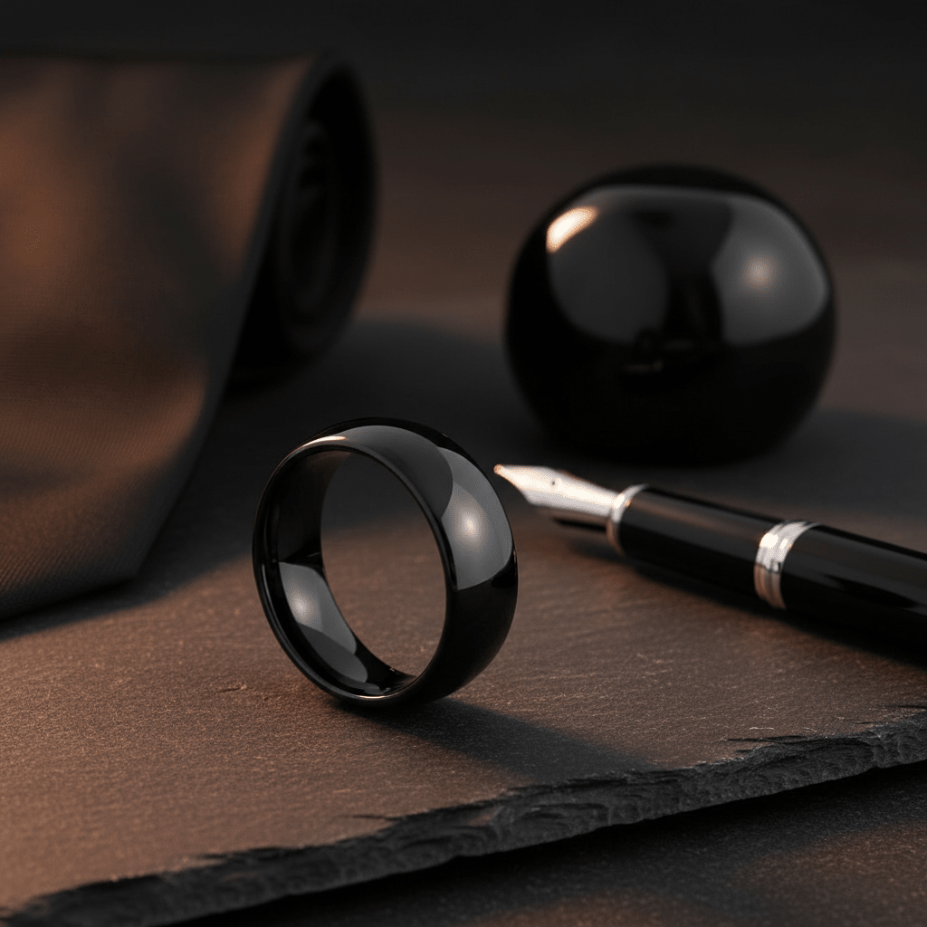 PEPPER — Editorial masculine still life — men's tungsten wedding ring.