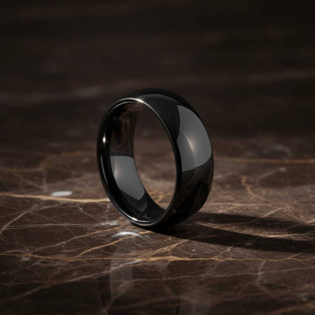 PEPPER — Luxury 3/4 angle on dark marble — men's tungsten wedding ring.
