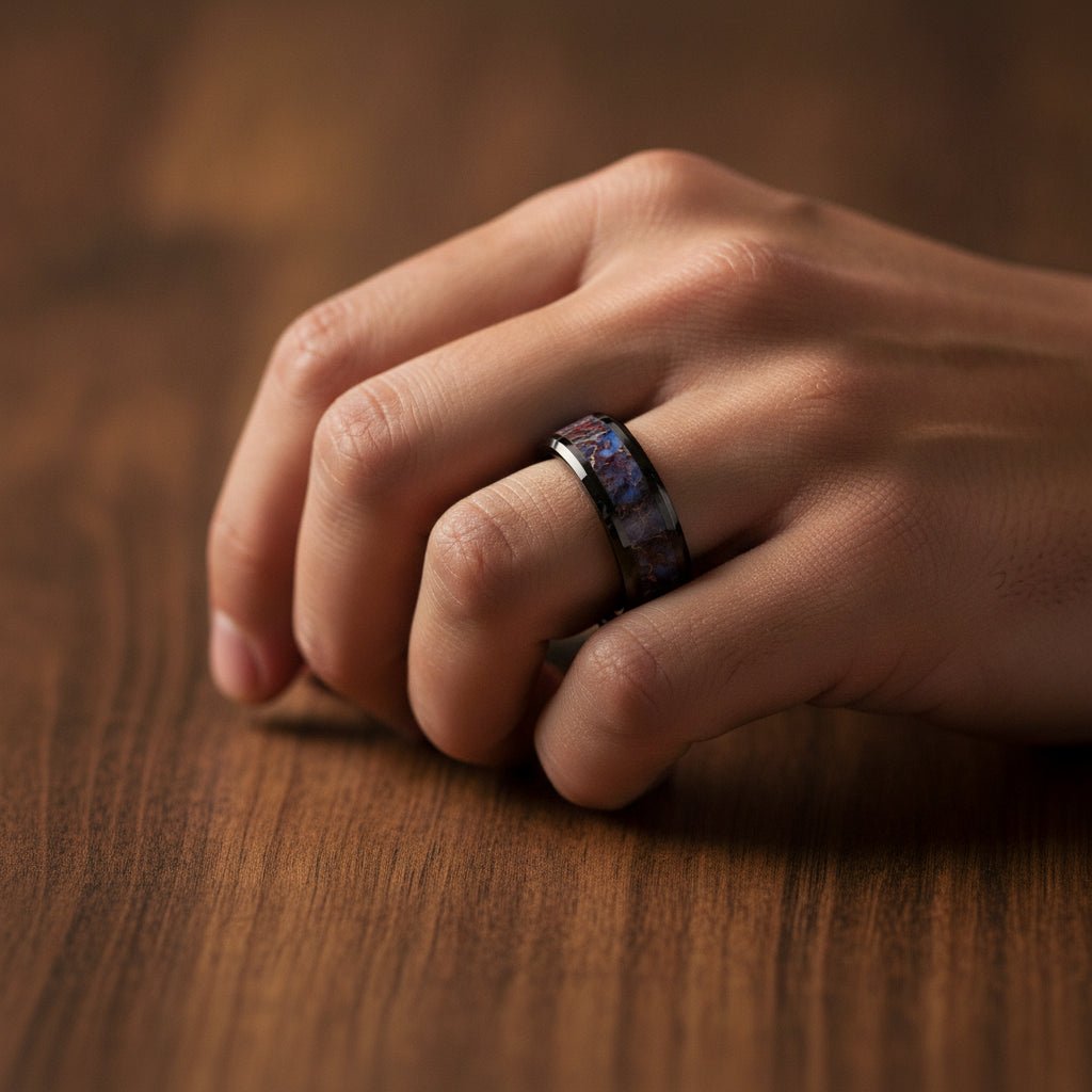PERMIAN black ceramic ring with blue dinosaur bone inlay running around the band and polished beveled edges worn on man's hand resting on walnut wood, lifestyle photo