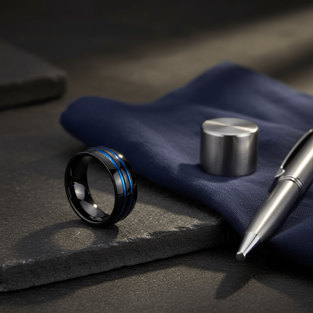 PETROS — Editorial masculine still life — men's tungsten wedding ring.