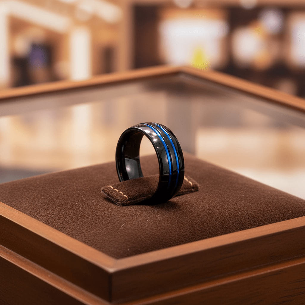 PETROS — Premium boutique display on velvet — men's tungsten wedding ring.