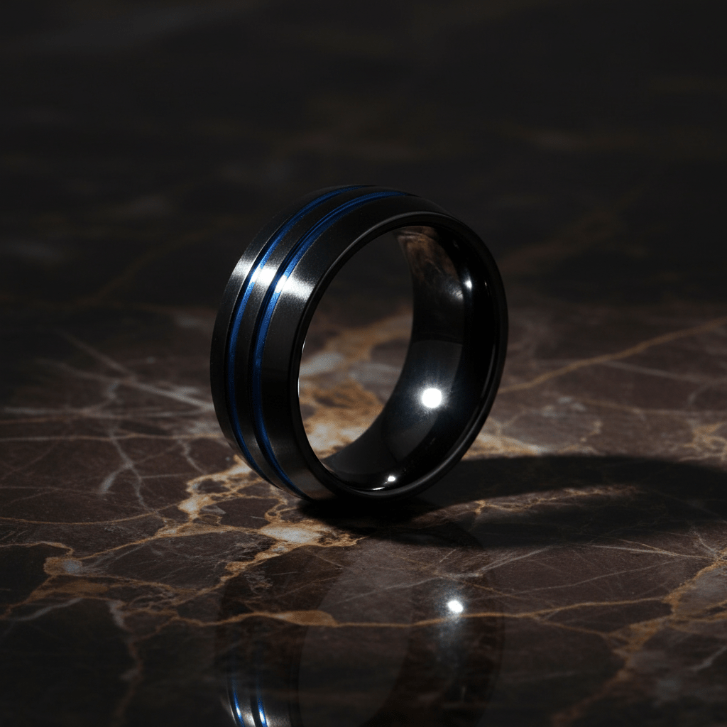 PETROS — Luxury 3/4 angle on dark marble — men's tungsten wedding ring.