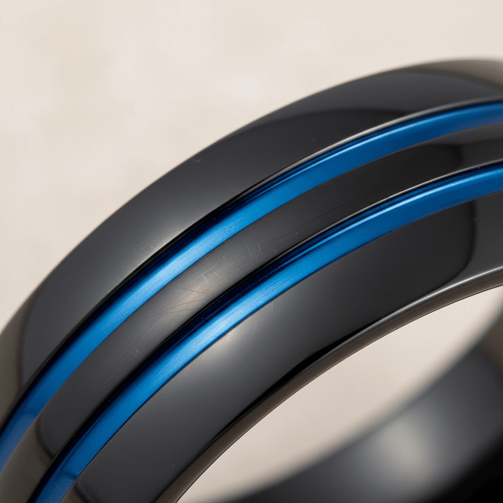 PETROS — Extreme macro detail — men's tungsten wedding ring.
