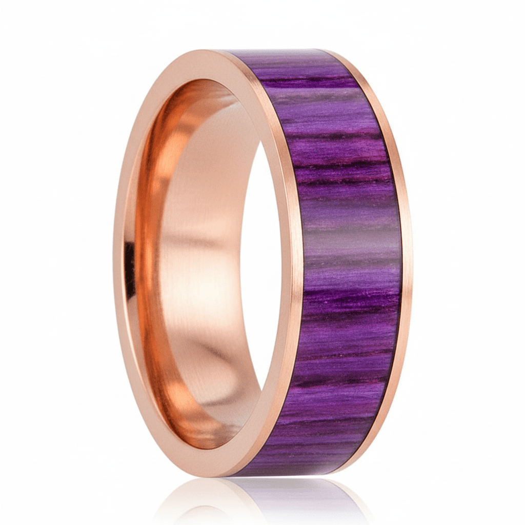 Purpleheart Wood inlay 14k yellow gold wedding band 8mm, additional view 7