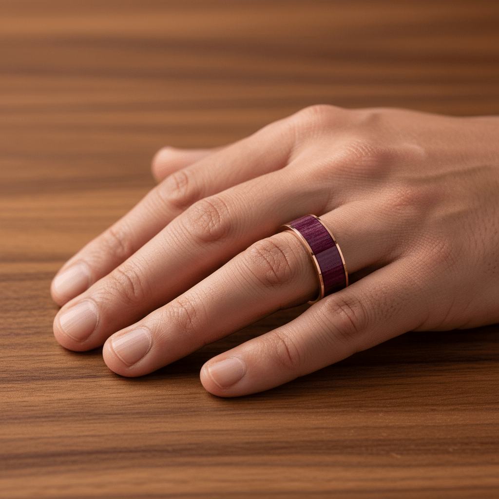 Purpleheart Wood inlay 14k yellow gold wedding band 8mm, additional view 8