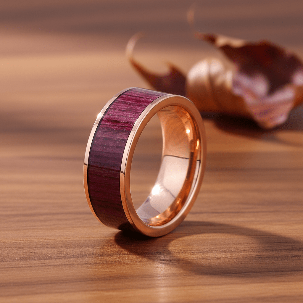 Purpleheart Wood inlay 14k yellow gold wedding band 8mm, additional view 11
