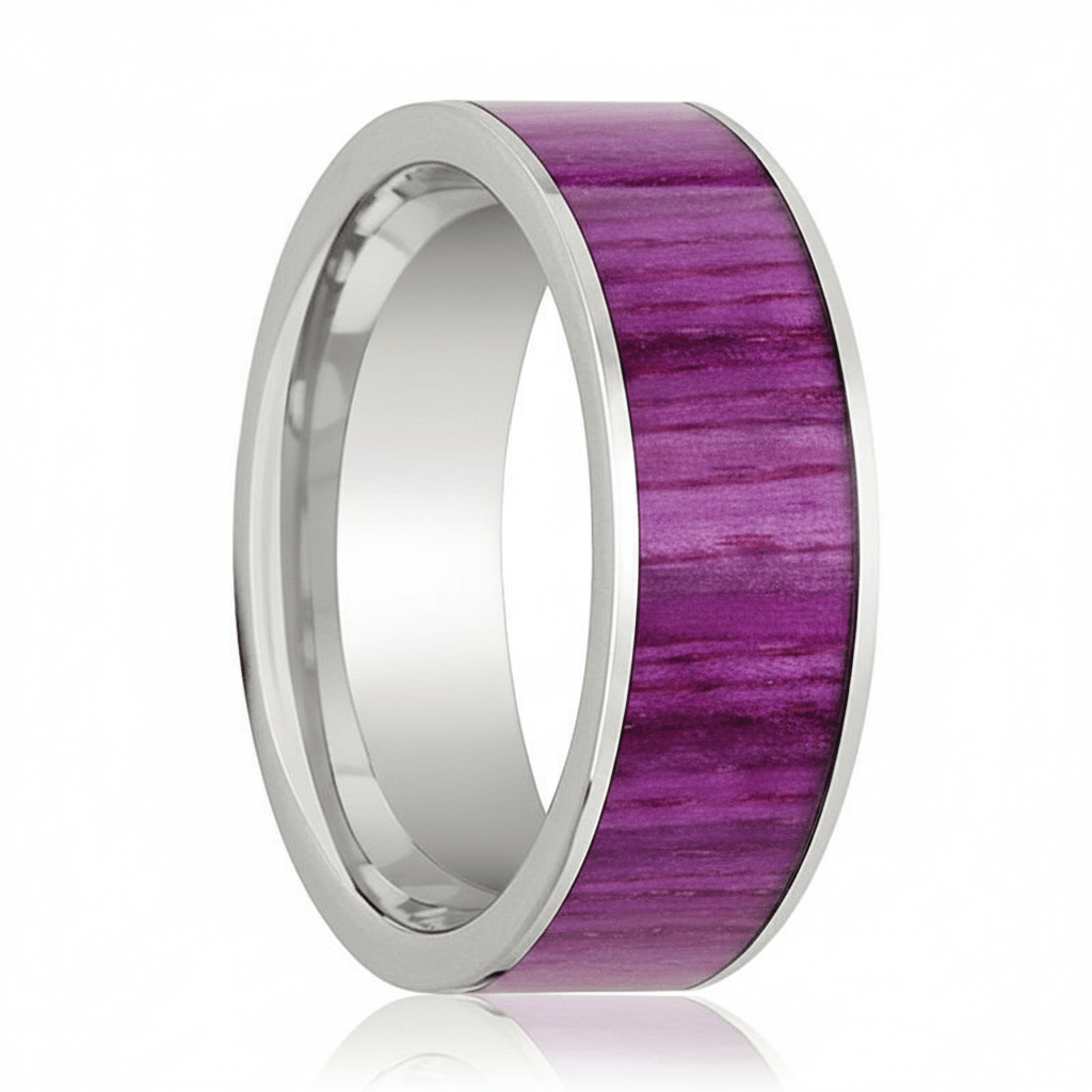 Purpleheart Wood inlay 14k yellow gold wedding band 8mm, on the hand