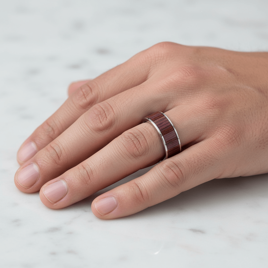 Purpleheart Wood inlay 14k yellow gold wedding band 8mm, additional view 6